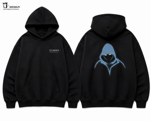 Sweat-shirt à capuche noir surdimensionné personnalisé, style streetwear, avec impression graphique d'une silhouette mystérieuse lumineuse, pour hommes et femmes - Product Image 3