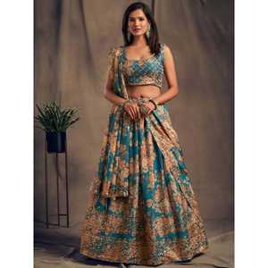 Vestidos de noche de organza con estampado floral azul verde azulado estilo festivo Lehenga Choli - Product Image 5