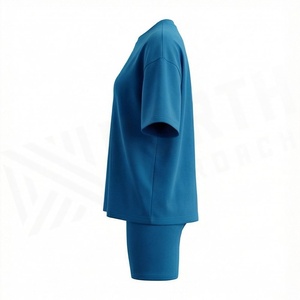 Conjunto Deportivo de 2 Piezas para Mujer, Tejido, Azul Sólido, Camiseta de Manga Corta y Pantalones Cortos por Encima de la Rodilla, Corte Holgado Informal, Transpirable, para Verano - Product Image 3