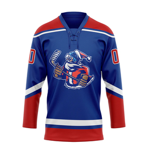 Maillot de hockey sur glace personnalisé unisexe bleu rouge blanc, impression sublimée, motif frontal, col en V, manches trois quarts, évacuation de l'humidité - Product Image 1
