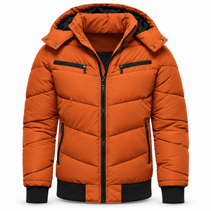 Custom Mens Hooded Puffer <b>Jacket</b> Warm Quilted Winter Coat Water Resistant Shell Ribbed Cuffs Multi Zipper Pocket Design - Product Image 1