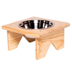 Comedero elevado de madera para mascotas con soporte individual, dispensador de agua y comida de acero inoxidable, mesa duradera y ecológica para perros y gatos. - Product Image 1