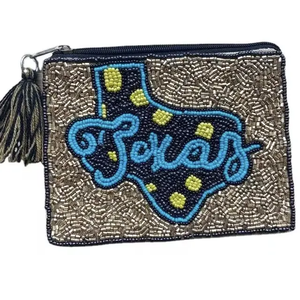 Handmade Beaded Mini Coin Purse Texas State Design Zipper Closure Bohemian Style Unisex <b>Tassel</b> Strap - Product Image 1
