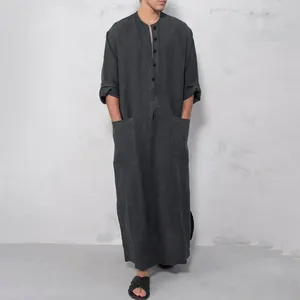 เสื้อคลุมผู้ชายผ้าลินินกันยับ ทรงหลวม แขนยาว ความยาวระดับข้อเท้า คอกลม สีพื้น เหมาะสำหรับสวมใส่ละหมาดและในชีวิตประจำวัน - Product Image 1