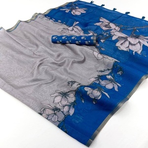 Fournisseur de saris en lin Chanderi de qualité supérieure avec imprimé numérique floral et bordure Zari, et ensemble de chemisiers à imprimé floral dispersé, de Surat. - Product Image 1