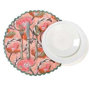 Hand Block Printed 100% Cotton <b>Round</b> Embroidery Edge <b>Mats</b> & Pads <b>Round</b> Floral Fabric Placemat Pink Teal Grey Indian Floral - Product Image 1