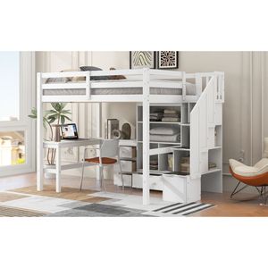 Cama alta blanca de tamaño completo con escritorio en forma de L, cajones, armario de almacenamiento y escalera de madera - Product Image 5