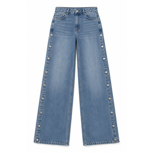 Jean en denim taille haute à jambe large pour femme avec ouverture latérale à boutons-pression - Bleu ardoise Tailles XS-6XL - Product Image 1