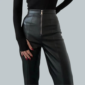 Women Genuine Leather Sexy High Waist Pants Girls Real Sheep Pure Leather Leggings Tights <b>Flared</b> bottom Gothic Trouser - Product Image 5