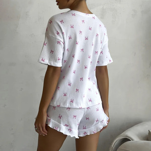 Summer Cute Bow Print Short Sleeve Ruffle Shorts Two Piece <b>Pajama</b> Set Women - Product Image 2