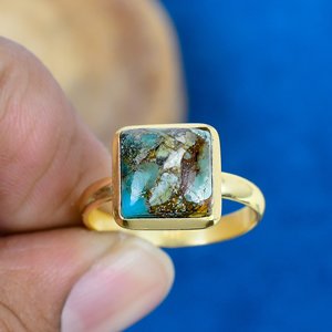 Bagues en pierres précieuses de turquoise naturelle de forme carrée, plaquées or 18 carats sur argent sterling 925 - Product Image 2