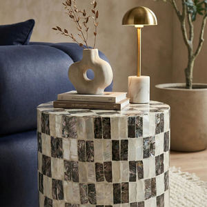 Black White Block Checkerboard Cylinder <b>Stools</b> Mother of Pearl Handcrafted Mosaic <b>Small</b> Side Table Living Room Bedroom Decor - Product Image 3