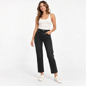Jean en denim noir taille haute skinny pour femme - Coupe droite longueur cheville, délavage moyen - Product Image 5