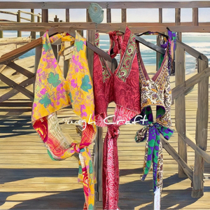 Blusa de Verano con Cuello Halter de Seda Reciclada, Estilo Vintage para la Playa, Estilo Bohemio, Ecológica, con Borlas, Reversible, para Vacaciones - Product Image 1