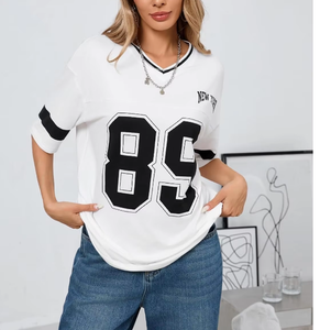 Maillot de football blanc à col en V pour femmes, avec numéro 89, manches trois quarts, coupe ample, vêtements de sport respirants - Product Image 5