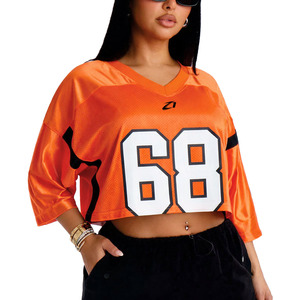 Camiseta Deportiva Corta para Mujer, Color Naranja, Transpirable, Cuello Redondo, Estampado Personalizado, Estilo American Football, Corte Holgado, Fabricación OEM - Product Image 3