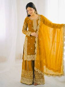 Conjunto de Salwar Kameez de Seda Pura Fandy Bordado en Amarillo Mostaza para Mujer, Traje Tradicional Indio Pakistaní para Boda, Corte Regular, Largo hasta el Tobillo - Product Image 1