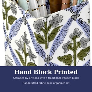 Juego de 3 organizadores de escritorio de madera con estampado artesanal Ridhi: portalápices, bandeja para clips y caja para notas - Tela floral azul y verde, regalo de oficina - Product Image 4