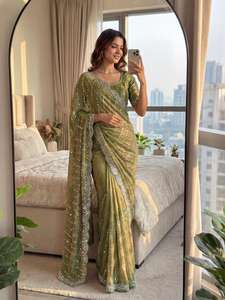 Sari indien tendance en satin de soie avec broderies de motifs et de sequins, idéal pour les mariages et les occasions spéciales. - Product Image 4