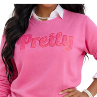   Sweat-shirt en chenille rose uni élégant pour femme, sweat-shirt à col rond de qualité supérieure avec lettres grecques brodées