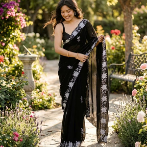 Sari brodé pour femme Noor Black Elegance avec chemisier pour soirée - Anti-humidité et infroissable - Product Image 1