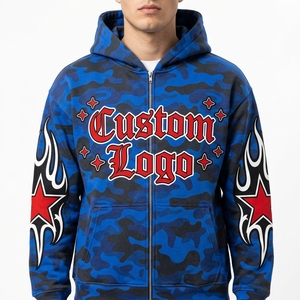Sudadera con capucha de forro polar oversize para hombre, azul camuflaje, con cremallera frontal, estilo urbano, estampado moderno, informal, de invierno, poliéster/algodón, 420 g - Product Image 1