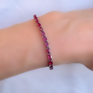 Genuine Ruby Oval Sterling Silver Tennis Bracelet Elegant Red Gemstone Jewelry July Birthstone <b>Gift</b> For Women - Product Image 4