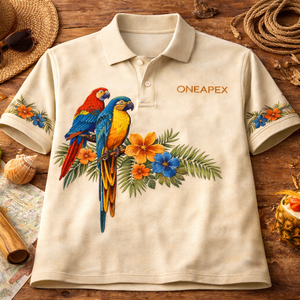 เสื้อโปโลผู้ชายลายพิมพ์นกแก้วเขตร้อน – เสื้อโปโลลำลองลายดอกไม้สไตล์วินเทจ - Product Image 1