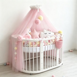 <b>Pink</b> Tulle Dome <b>Bed</b> <b>Canopy</b> With Pom Poms For Baby Crib Decor Circular Shape All Season Use - Product Image 4