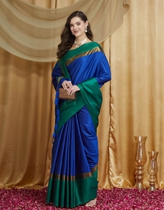 Sari de Algodón y Seda para Mujer KV, Azul Marino y Verde, con Estampado Sólido y Blusa sin Coser - Product Image 1