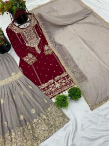 Conjunto de diseñador con bordado, trabajo de secuencia Dori y remaches, top con pedrería, pantalón palazzo y dupatta, completamente cosido y listo para usar. - Product Image 4
