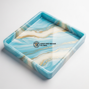 Luxury Blue <b>Marble</b> Resin <b>Square</b> Tray – Handmade Glossy Decorative Serving Tray with Gold Vein Detail | Modern <b>Coffee</b> <b>Table</b> - Product Image 1