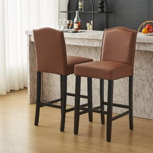 Set of <b>2</b> Counter Height <b>Bar</b> <b>Stools</b> PU Faux Leather Seating Brown Rubberwood Legs 300 for Kitchen Island Upholstered <b>Bar</b> <b>Stools</b> - Product Image 1