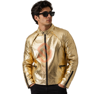 Blouson de motard en cuir doré métallisé pour homme, finition brillante, style Cafe Racer, blouson moto de luxe, blouson en cuir doré tendance, vente en gros - Product Image 1