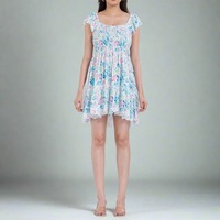 Robe mini trapèze smockée à motif floral, 100 % coton, coupe ajustée, col carré, taille élastique, lavable, écologique, pour femme - Vente en gros