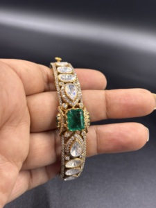 <b>Silver</b> Gold Plated Classic Doublet <b>Cuff</b> CZ Polki Cut Green Bezel Set Geometric Design Women's Bridal Wedding Everyday Wear - Product Image 3