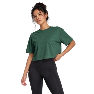 Women's <b>Green</b> <b>Crop</b> <b>Top</b> Crew Neck Short Sleeve Regular Fit Solid Color Jersey 100% Cotton Casual Spring Summer Wear - Product Image 2