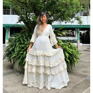 Vintage White Eco-Friendly Knitted Maxi Dress Women <b>Boho</b> V-neck Shoulder Spaghetti Strap Embroidery Hollow Natural Waist Organic - Product Image 1