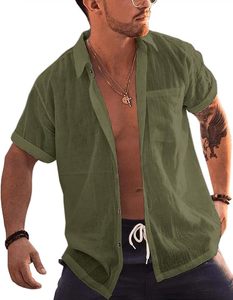 OEM Wholesale High-Quality 100% French Linen Men's Rolled Up Short Sleeve <b>Button</b> Up <b>Shirts</b> Linen Cotton Beach <b>Shirt</b> Tops - Product Image 5
