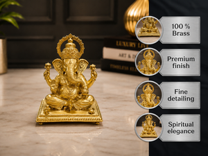 รูปปั้นพระพิฆเนศชุบทองเหลืองจาก Jaipur Metals |   ของตกแต่งบ้านตามหลักศาสนาแบบดั้งเดิม |   4.5x4.5x6ซม. |   แท่นวางของตกแต่งสำหรับพูจาและของขวัญ - Product Image 2
