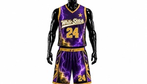 <b>White</b> Stitch <b>Womens</b> Basketball <b>Shorts</b> Purple Gold Lightning Print 24 Crew Neck Sleeveless Heat-Transfer Breathable Spandex/Nylon - Product Image 2