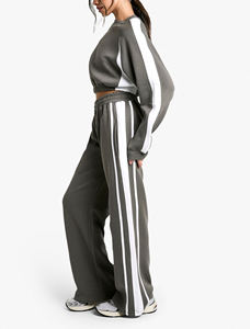 Ensemble de survêtement gris 2 pièces pour femmes grandes tailles, manches longues, col rond, coupe ample, sportif, toutes saisons, en molleton tricoté avec bande latérale - Product Image 5