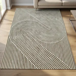 Tapis moderne géométrique tufté beige marron, tapis de sol contemporain à rayures abstraites, tapis de designer sur mesure, vente en gros - Product Image 2