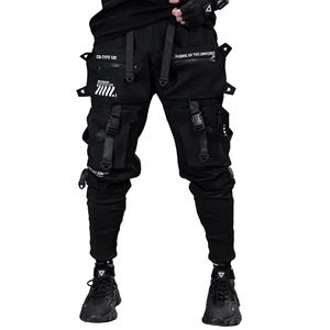 Black Multi Pocket Cargo Pants <b>Drawstring</b> Waist Zipper Fly Casual Streetwear <b>Trousers</b> for <b>Men</b> - Product Image 1