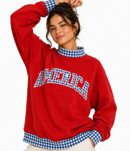 Manufacturer Custom Logo Women's <b>Mock</b> <b>Neck</b> Sweatshirt Letter Applique Patchwork Loose Long Sleeve Contrast Polka Dot <b>Top</b> - Product Image 1