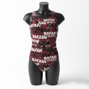 ชุดว่ายน้ำผู้หญิง 230 GSM โพลีเอสเตอร์พรีเมียมผสมสแปนเด็กซ์ ยืดได้ สีแดงเลือดหมู พิมพ์ลายทั่วตัว โลโก้แบบซับลิเมชั่น - Product Image 1