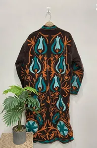 <b>Women</b> Brown Embroidered <b>Velvet</b> Suzani Long Jacket With Floral Pattern Full Sleeve Stand Collar Bohemian Ethnic Style Autumn <b>Coat</b> - Product Image 4