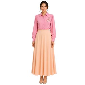 Custom Pink and <b>Peach</b> Women Embroidered Blouse and Maxi Skirt Set Long Sleeve Button Up High Waist Modest Two Piece Outfit OEM - Product Image 1