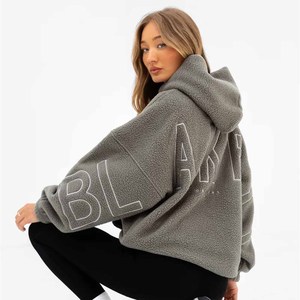 Women's Oversized Hooded Fleece Sweatshirt with <b>Back</b> Letter Print <b>Drop</b>-Shoulder Design Winter Warm Pullover Gray ODM - Product Image 3