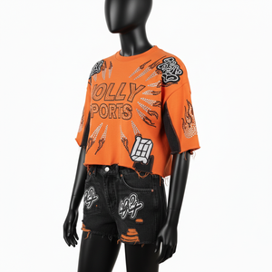 T-shirt court pour femme en jersey de coton premium avec empiècements en maille, logo personnalisé par transfert thermique, respirant - Product Image 4